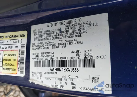2014 Ford Fusion Se z USA, uszkodzony, nr VIN 1FA6P0H74E5370665